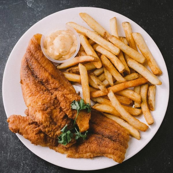 Crispy fried fish fillets with golden french fries and a side of dipping sauce on a white plate.